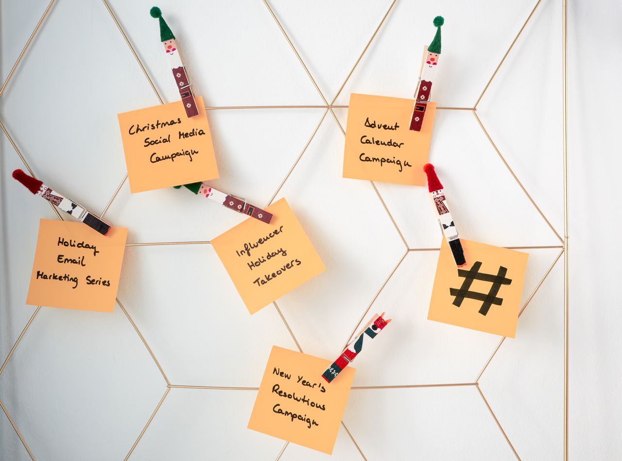 Sticky notes showing holiday marketing ideas attached to a wall grid.